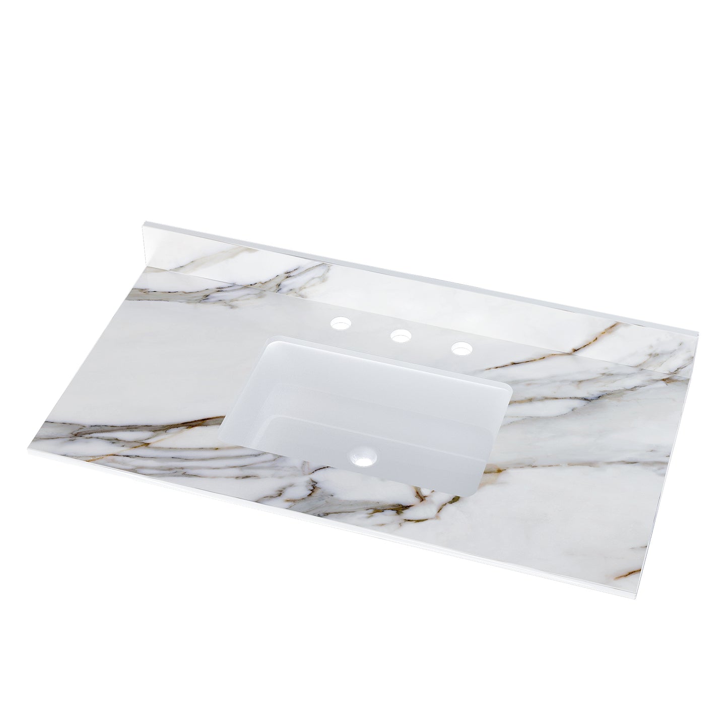 43 inch marble countertop with base rectangular central sink and 4-inch high splash guard, pre drilled 8-inch faucet hole ，white