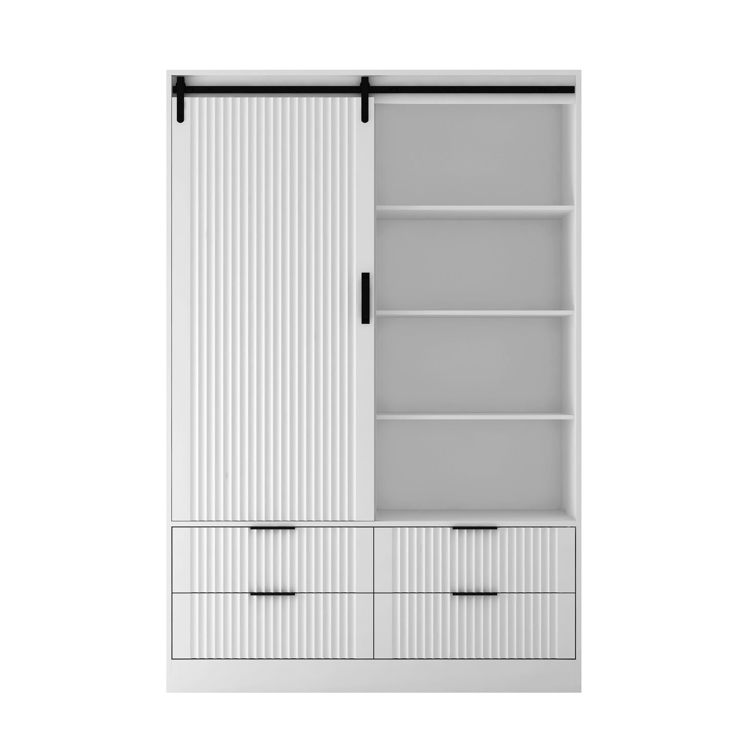 Tall Bedroom Armoire Wardrobe Closet Clothing Storage Cabinet with Hanging Rod Barn Door Drawers Open Shelves,White