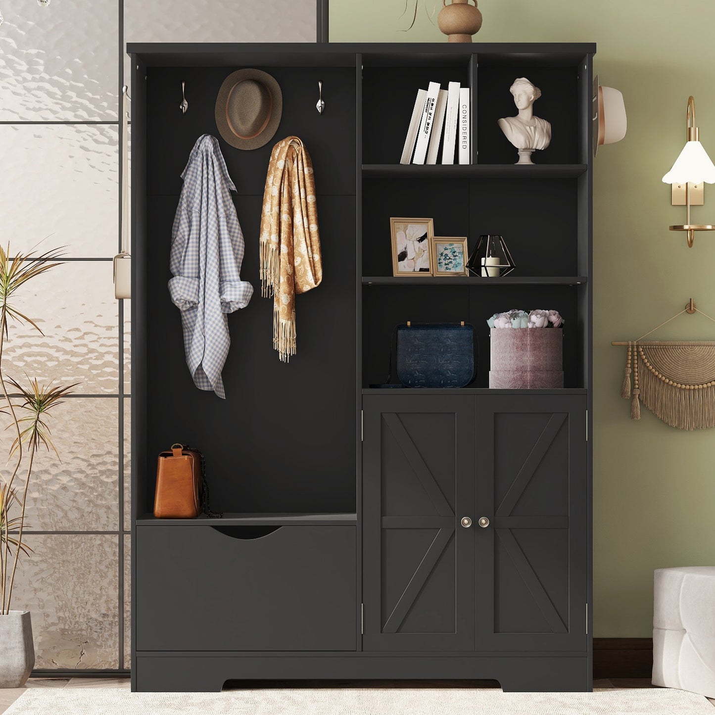 Multi-functional Hall Tree with Storage Shelves Drawers and Cabinet, Elegant Hallway Shoe Cabinet with Bench Modern Black