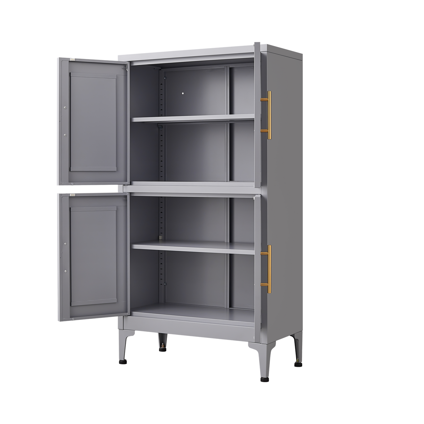 Grey metal kitchen storage cabinet, kitchen pantry storage cabinet with door and shelf, adjustable leveling feet