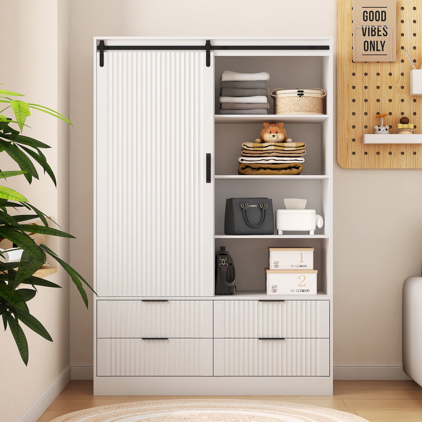 Tall Bedroom Armoire Wardrobe Closet Clothing Storage Cabinet with Hanging Rod Barn Door Drawers Open Shelves,White