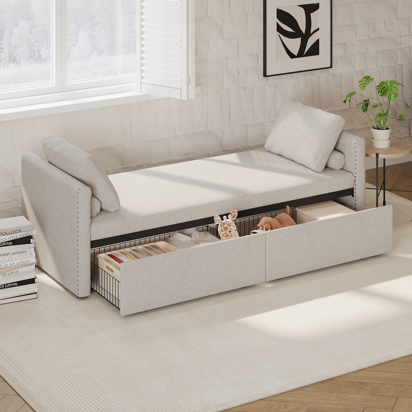 Modern cushioned lounge chair sofa bed with 2 drawers, small single sofa bed without mattress, linen, beige