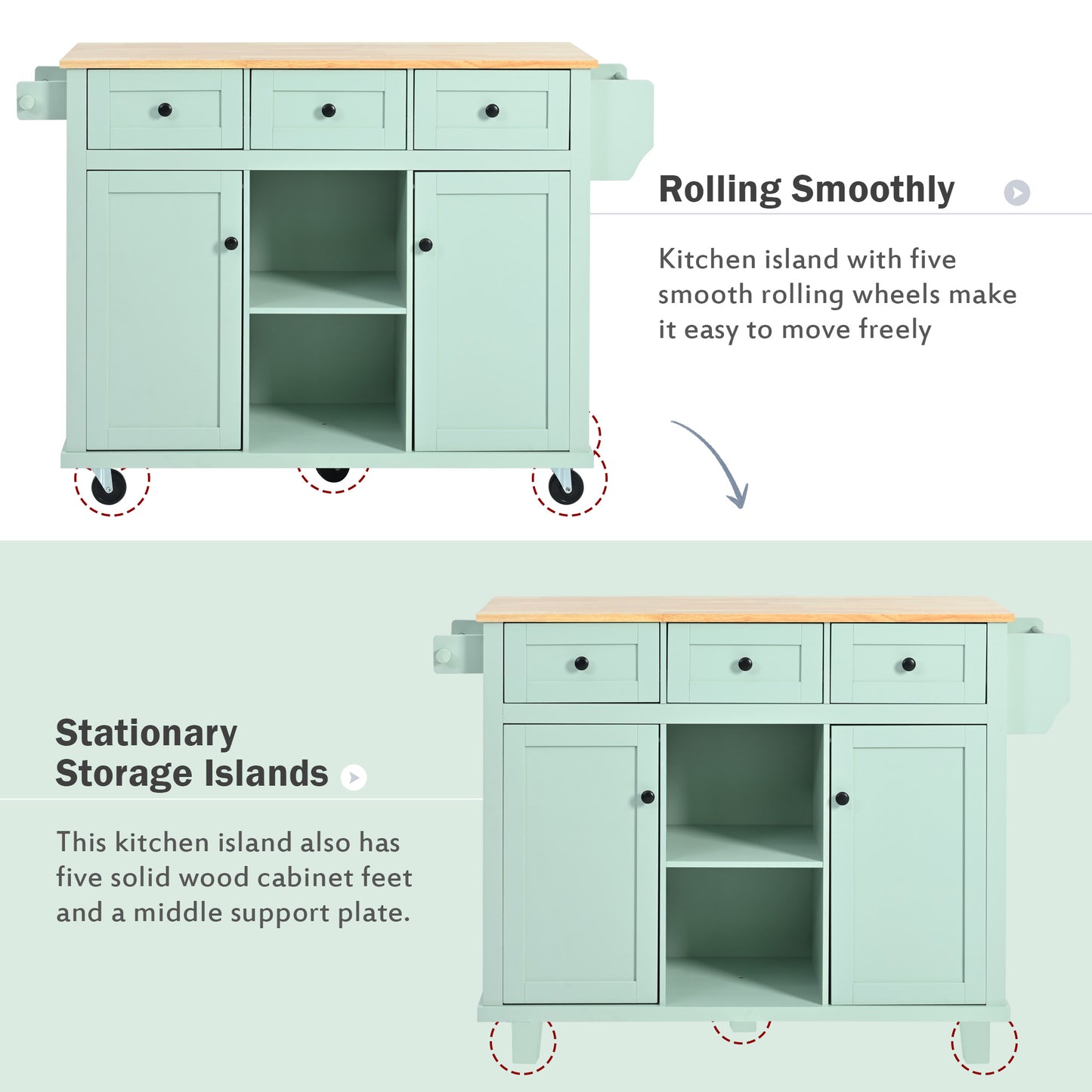 Kitchen trolley, cabinet door internal storage rack with storage cabinet and 3 dining room drawers, mint green