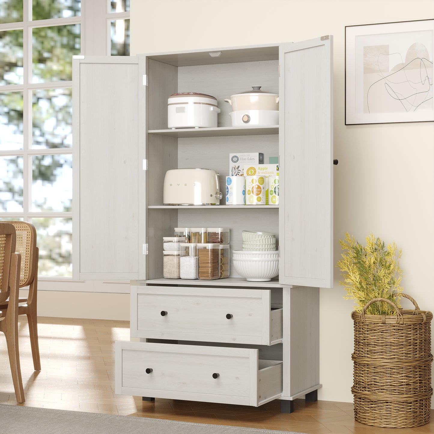 70 inch high kitchen pantry storage cabinet with 2 drawers and 3 shelves, large storage cabinet (antique white)