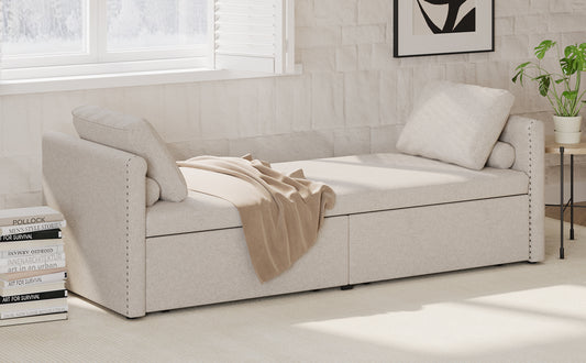 Modern cushioned lounge chair sofa bed with 2 drawers, small single sofa bed without mattress, linen, beige