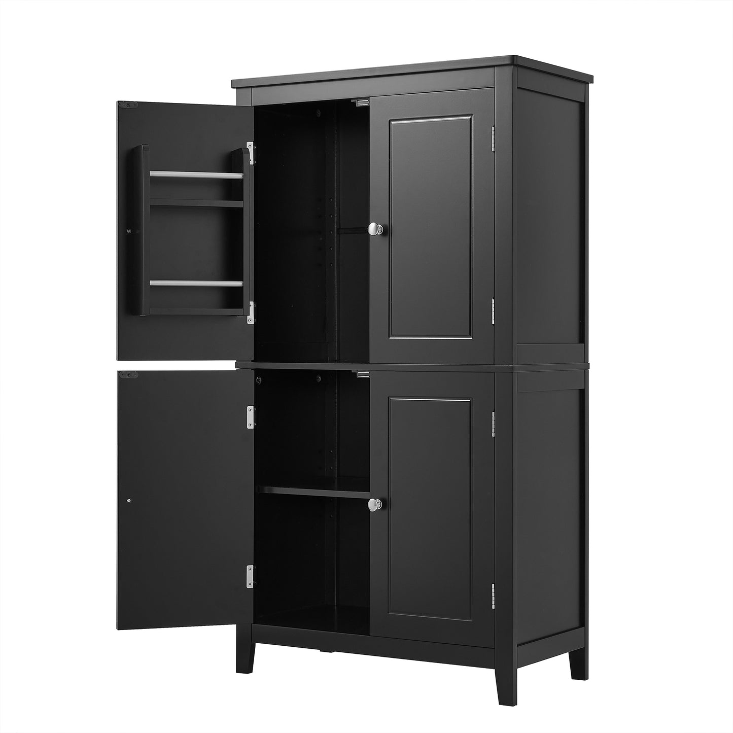 Bathroom floor storage cabinet, bathroom storage cabinet, 4-door independent cabinet, adjustable shelf, adaptive shelf, black