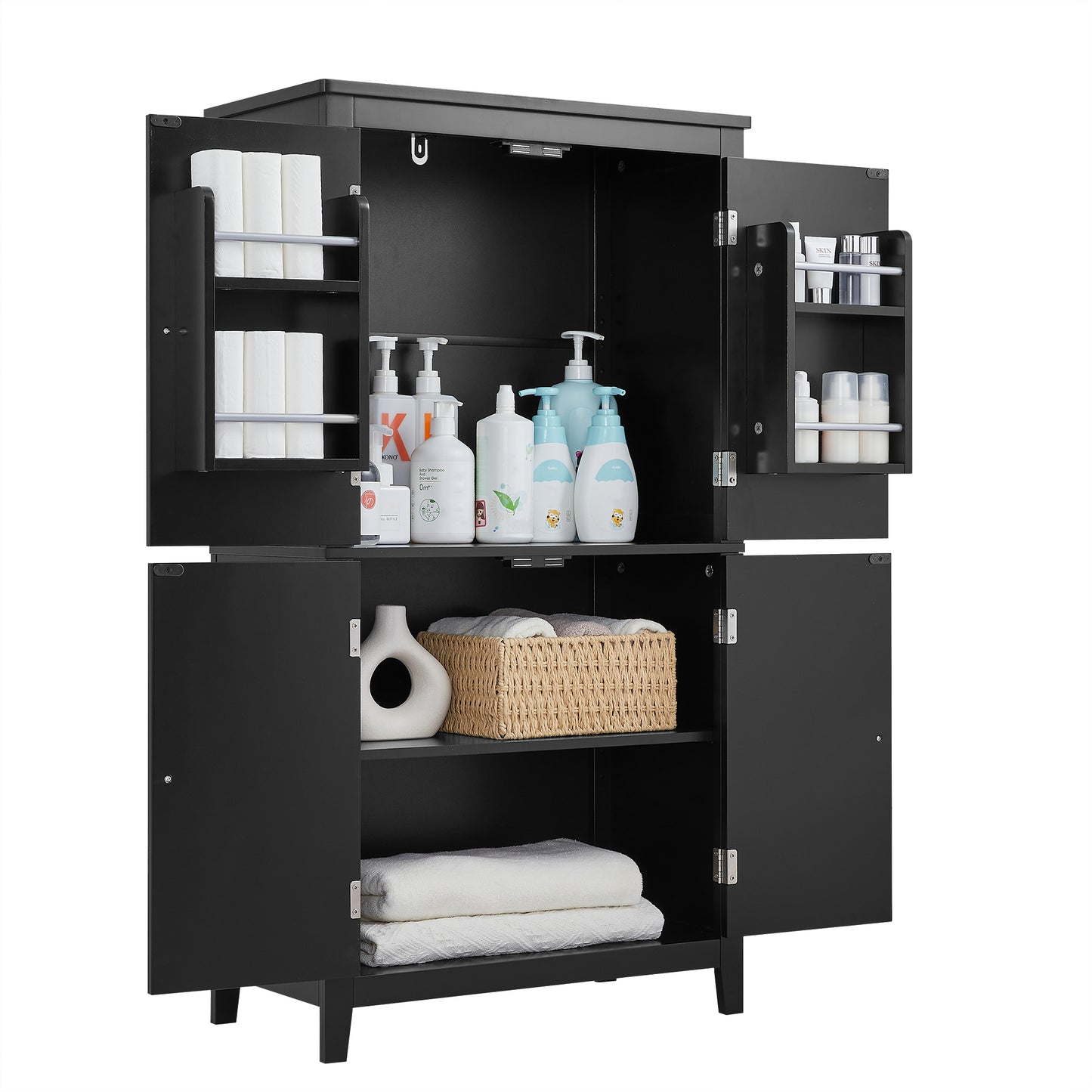 Bathroom floor storage cabinet, bathroom storage cabinet, 4-door independent cabinet, adjustable shelf, adaptive shelf, black