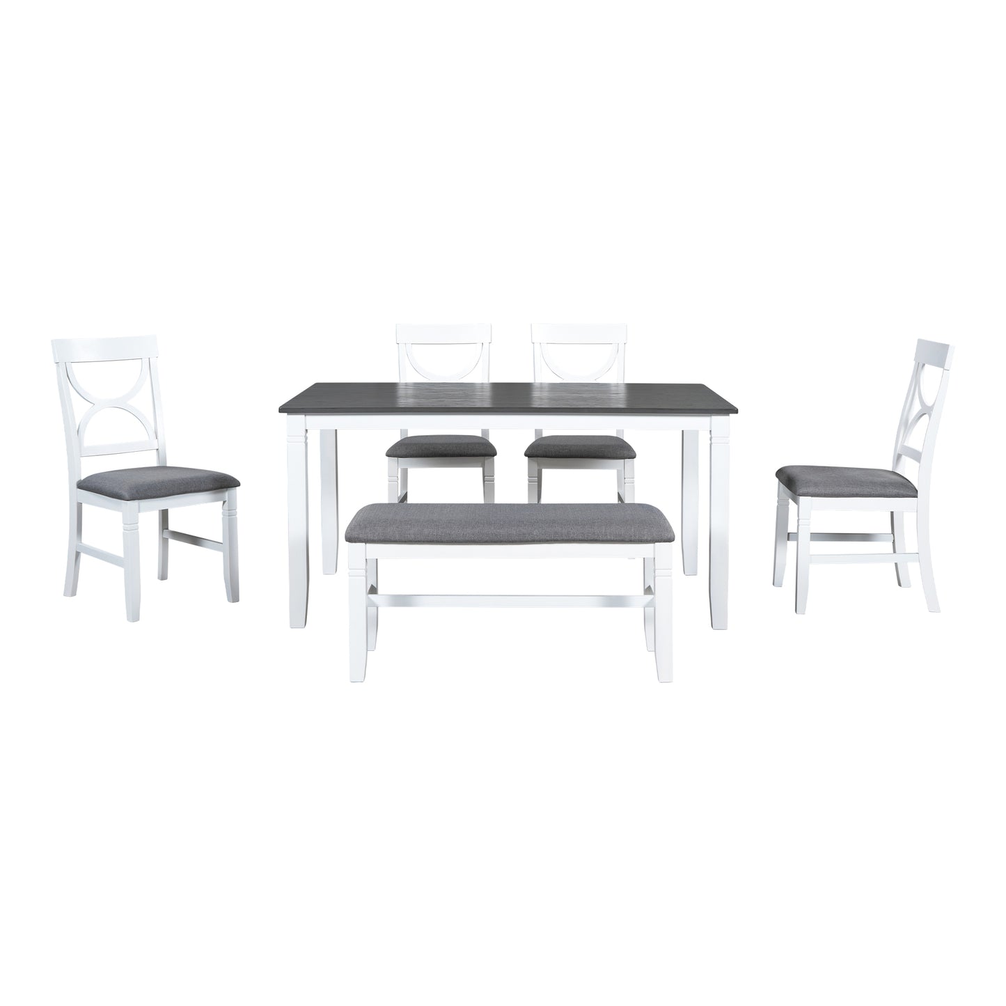 TOPMAX 6-Piece Wood Dining Table Set Kitchen Table Set with Upholstered Bench and 4 Dining Chairs, Farmhouse Style Gray+White