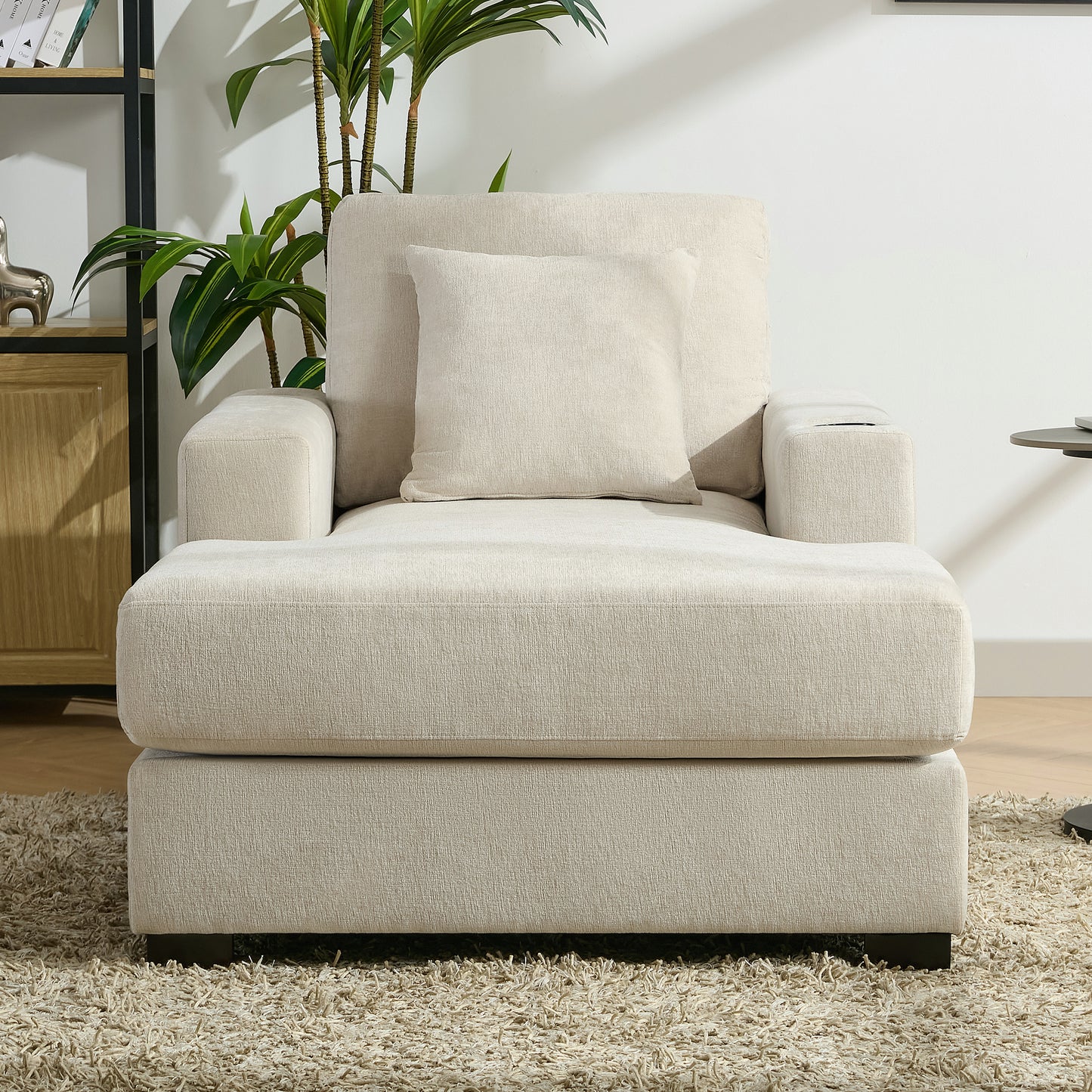 39.7" Oversized Chaise Lounger Modern Style Sofa Couch ,with Pillows, Charge Station & Cup Holders, Chenille Fabric, Cream