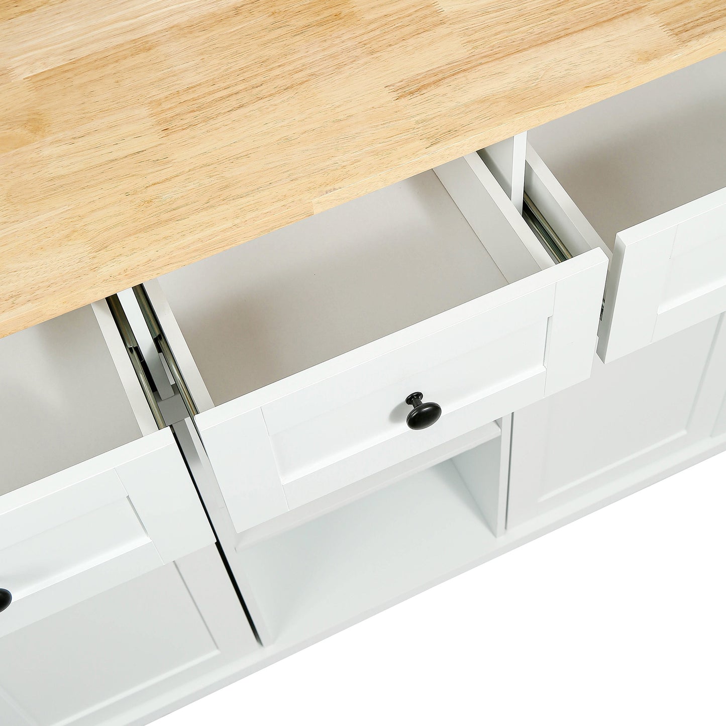 Kitchen trolley with rubber wood leaf countertop, 5-wheel kitchen island, storage cabinet and 3 dining drawers, white