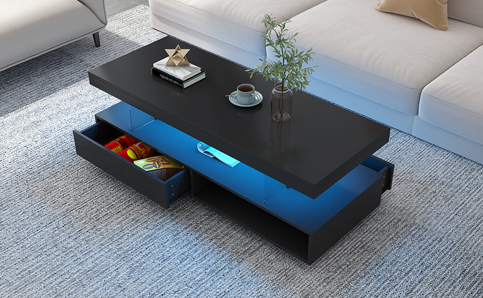 U-Can LED coffee table with storage space, modern central table with 2 drawers and display rack, equipped with LED lights, black