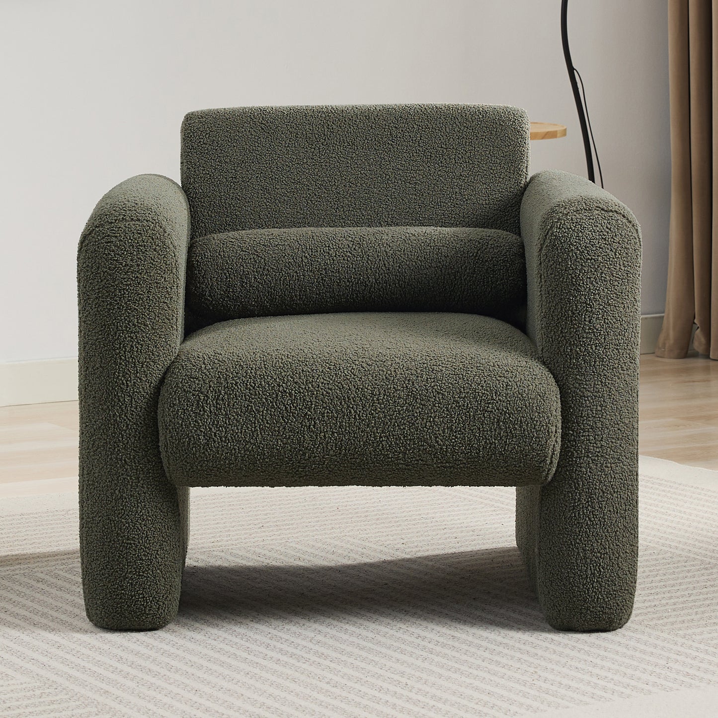 Modern style chair with sheepskin Sherpa fabric soft cushion, comfortable armchair, soft with backrest and pillow, seaweed green