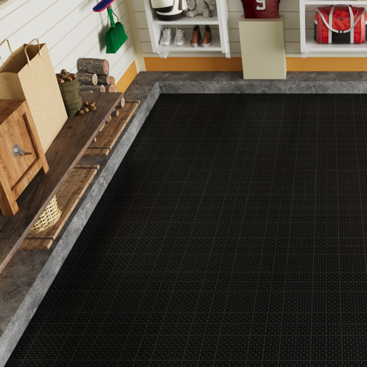 12 x 12 inch black interlocking deck tiles, plastic waterproof, weighing up to 6613 pounds, with a rose pattern pack of 12