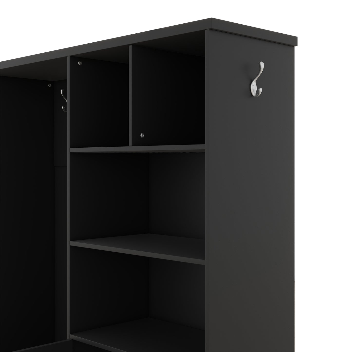 Multi-functional Hall Tree with Storage Shelves Drawers and Cabinet, Elegant Hallway Shoe Cabinet with Bench Modern Black