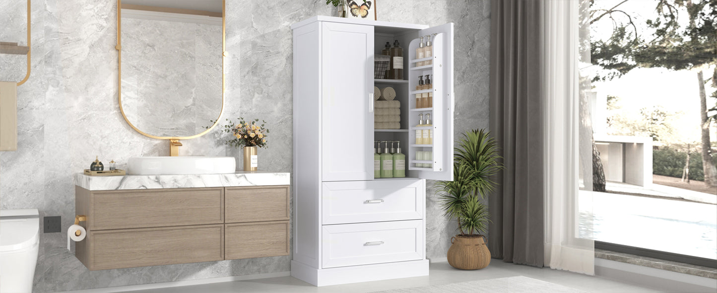 Tall Bathroom Storage Cabinet, Cabinet with Two Doors and Drawers, Adjustable Shelf, MDF Board, White