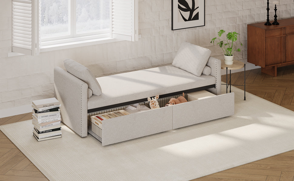 Modern cushioned lounge chair sofa bed with 2 drawers, small single sofa bed without mattress, linen, beige