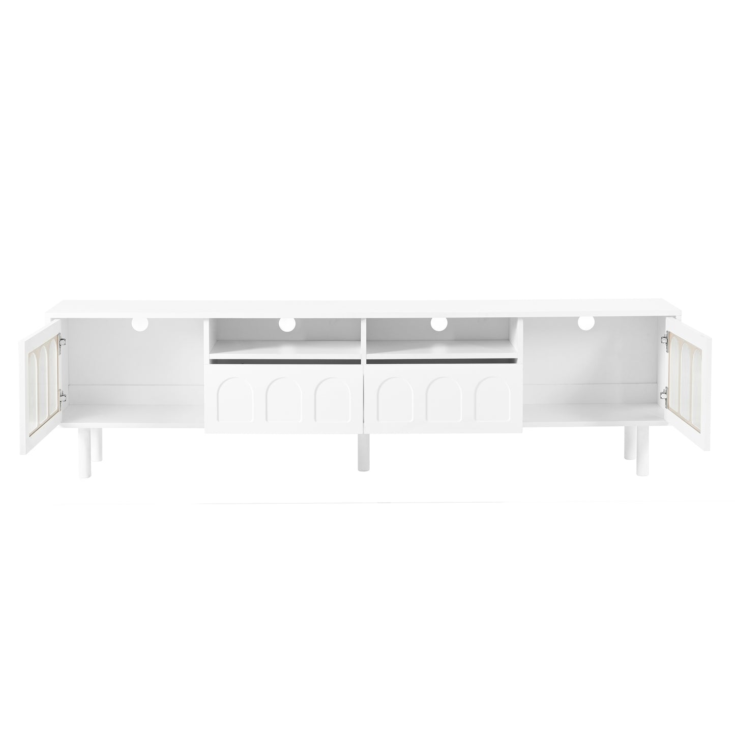 ON-TRANS cream colored TV stand with LED light strip, suitable for 80 inch TV storage console with tempered glass door, white