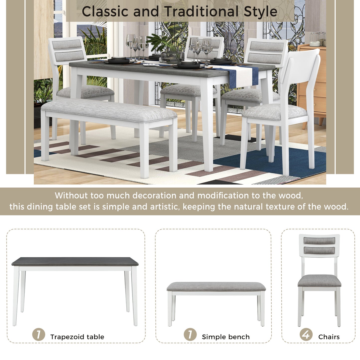 TREXM Classic and Traditional Style 6 - Piece Dining Set, Includes Dining Table  4 Upholstered Chairs & Bench (White+Gray)