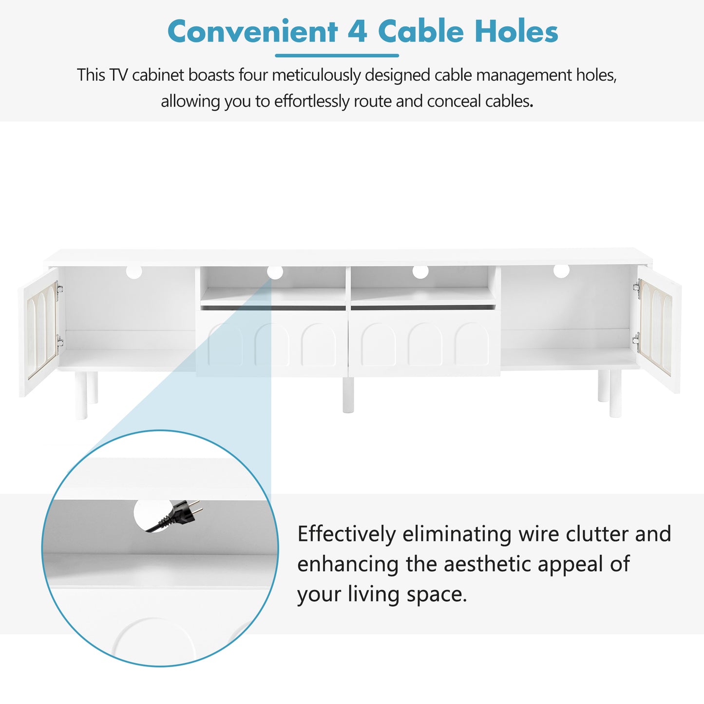 ON-TRANS cream colored TV stand with LED light strip, suitable for 80 inch TV storage console with tempered glass door, white