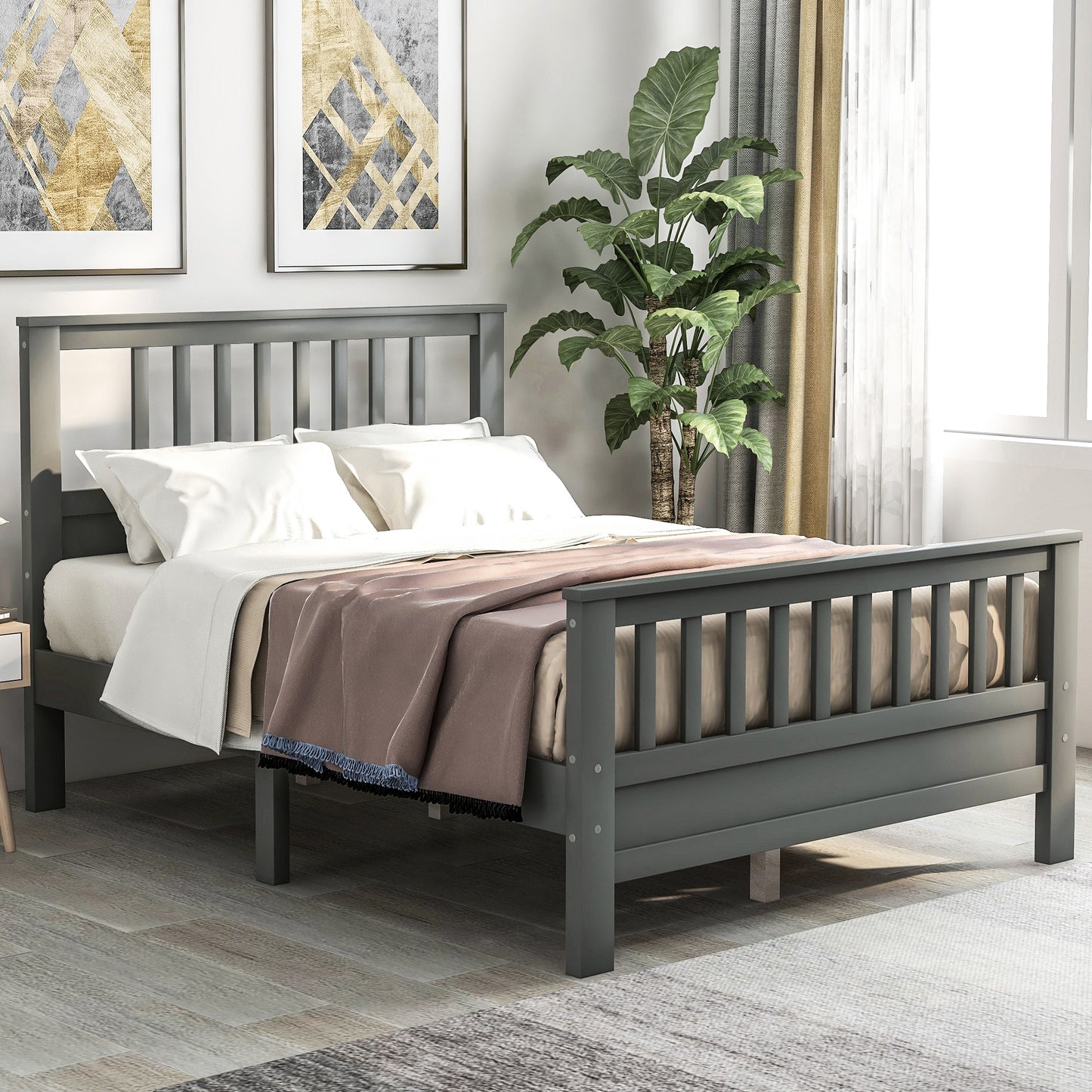 Wood Platform Bed with Headboard and Footboard  Full (Gray)