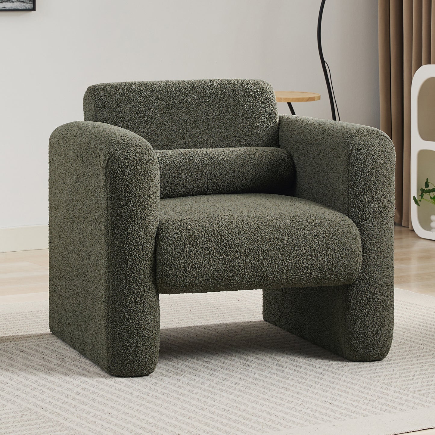 Modern style chair with sheepskin Sherpa fabric soft cushion, comfortable armchair, soft with backrest and pillow, seaweed green