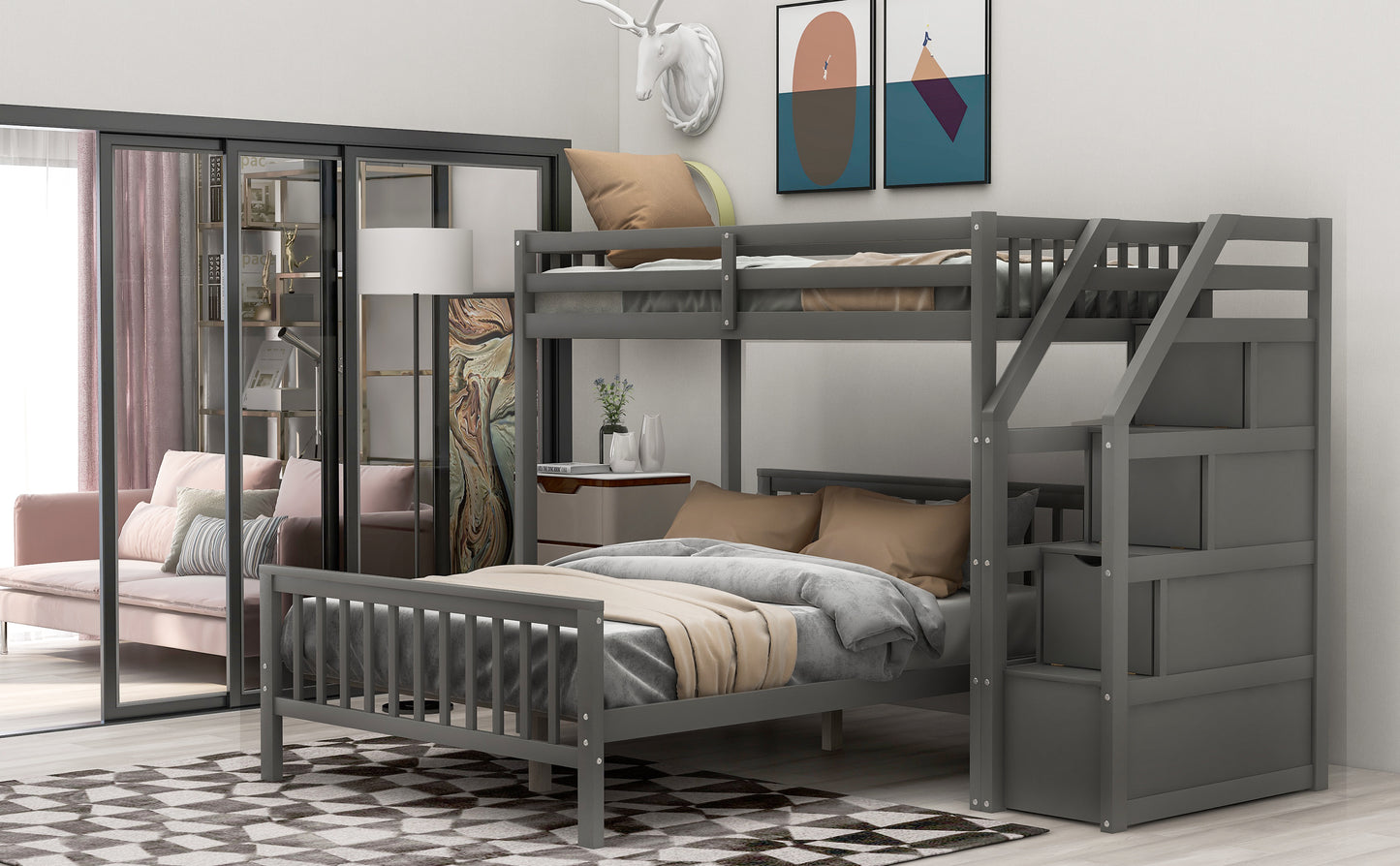 Twin over Full Loft Bed with Staircase Gray