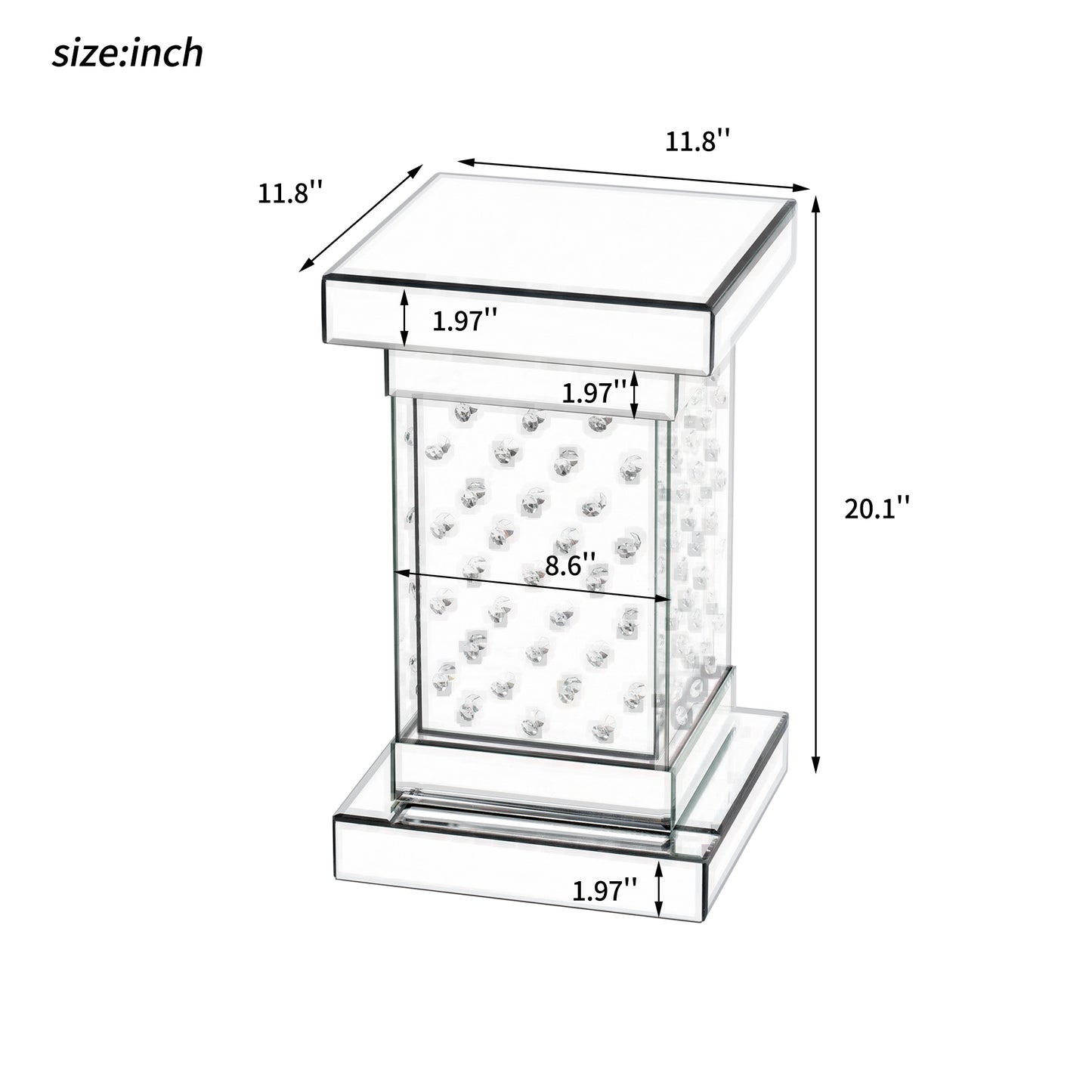 U-Can 11.8-inch silver square mirror coffee table with LED lights, modern crystal inlaid side table, no assembly required