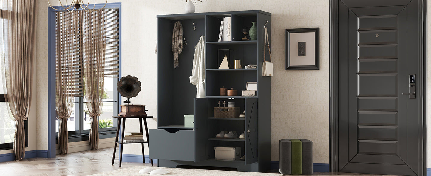 Multi-functional Hall Tree with Storage Shelves Drawers and Cabinet, Elegant Hallway Shoe Cabinet with Bench Antique Blue