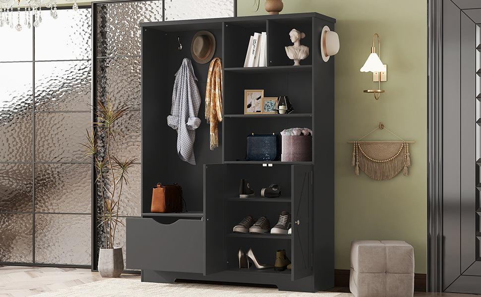 Multi-functional Hall Tree with Storage Shelves Drawers and Cabinet, Elegant Hallway Shoe Cabinet with Bench Modern Black