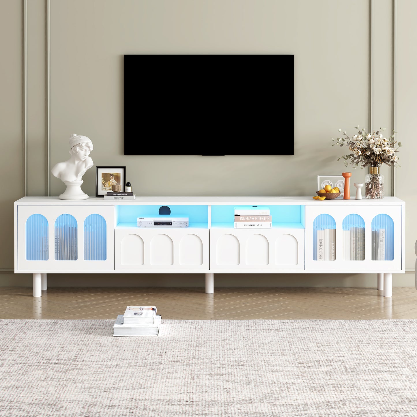 ON-TRANS cream colored TV stand with LED light strip, suitable for 80 inch TV storage console with tempered glass door, white