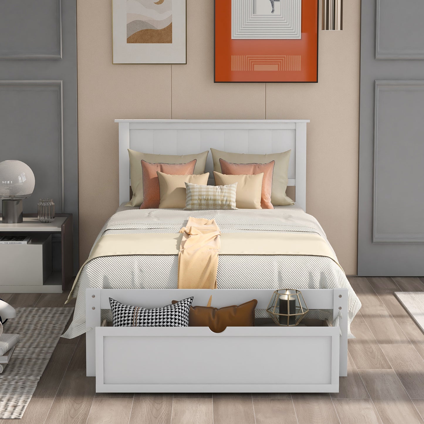 Twin Size Platform Bed with Under-bed Drawer White