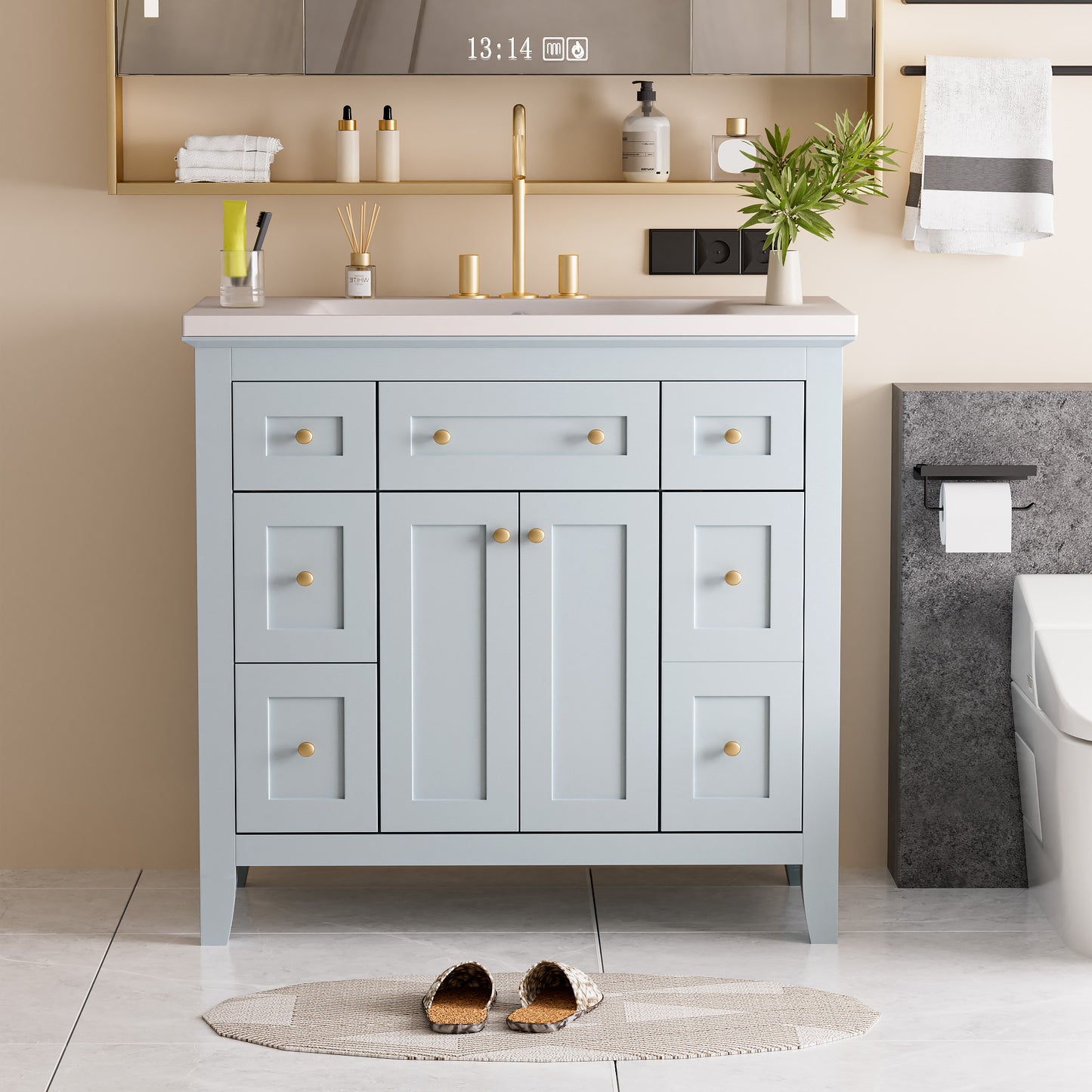 36 inch bathroom vanity with resin sink combination set with 6 drawers and 2 cabinets, storage cabinet vanity set, light blue