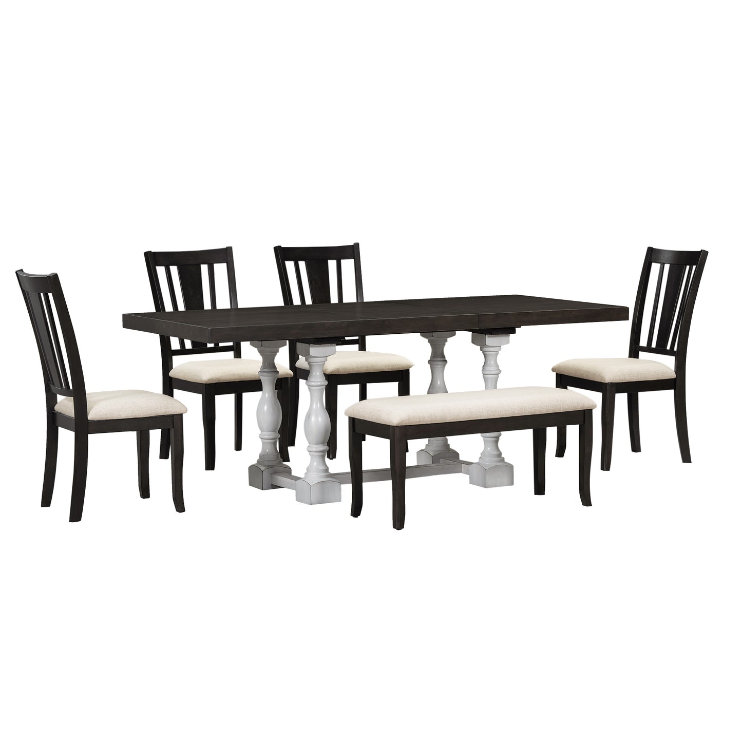 Traditional 6-Piece 78inch Trestle Extendable Dining Table Set with One 18inch Removable Leaf Distressed White