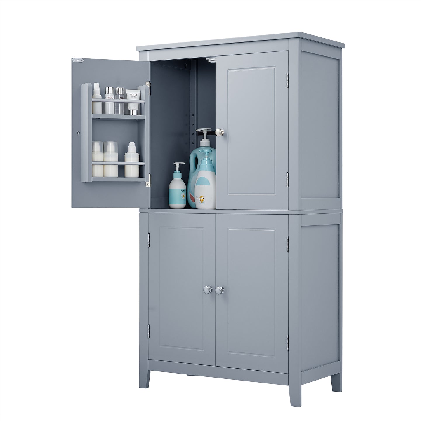 Bathroom floor storage cabinet, bathroom storage cabinet, 4-door independent cabinet, adjustable shelf, adaptive shelf, gray