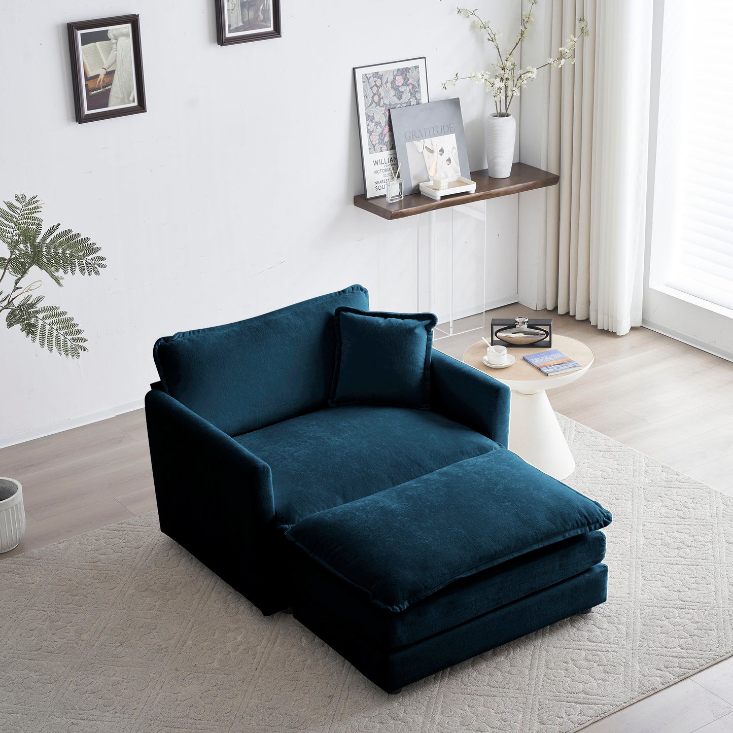 Ottoman modern style chair, living room club chair Chenille cushioned armchair, bedroom reading chair, blue