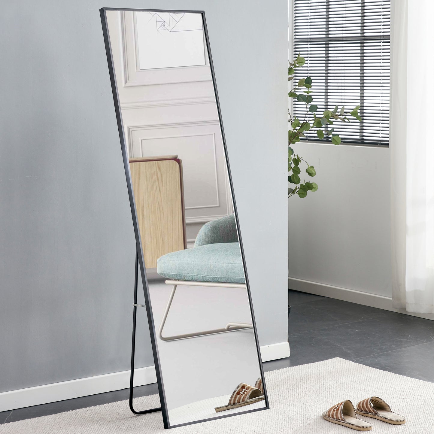 Aluminum alloy metal frame wall mounted full-length mirror black 65 * 23“