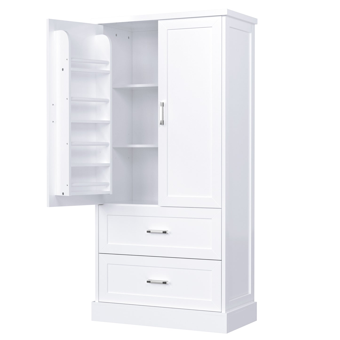 Tall Bathroom Storage Cabinet, Cabinet with Two Doors and Drawers, Adjustable Shelf, MDF Board, White