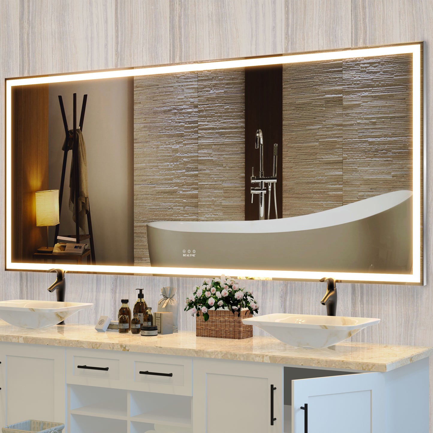 72X32 inch large LED bathroom mirror wall mounted mirror with 3 color modes, aluminum frame wall mounted light, full body mirror