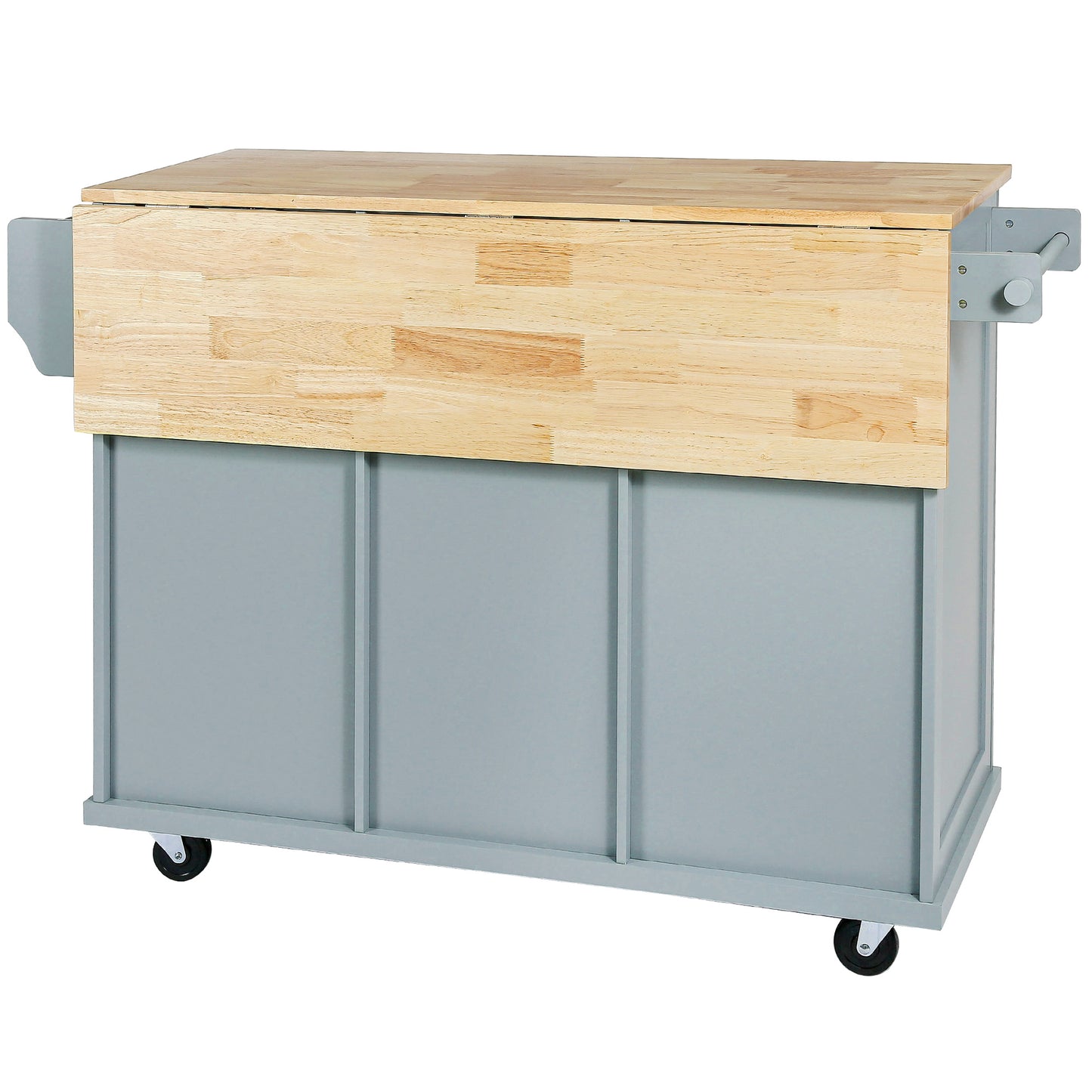 Kitchen handcart with rubber wood leaf countertop, storage cabinet, shelf, and 3 dining room drawers, gray blue