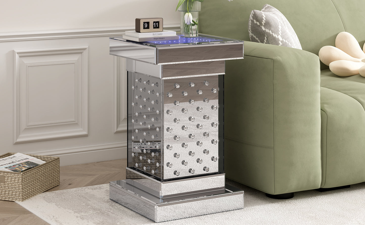 U-Can 11.8-inch silver square mirror coffee table with LED lights, modern crystal inlaid side table, no assembly required