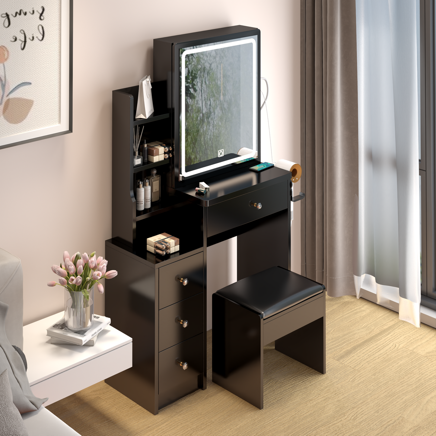 Dressing table+cushioned stool, 2 AC+2 USB power supplies, touch sliding LED mirror, tri color switch