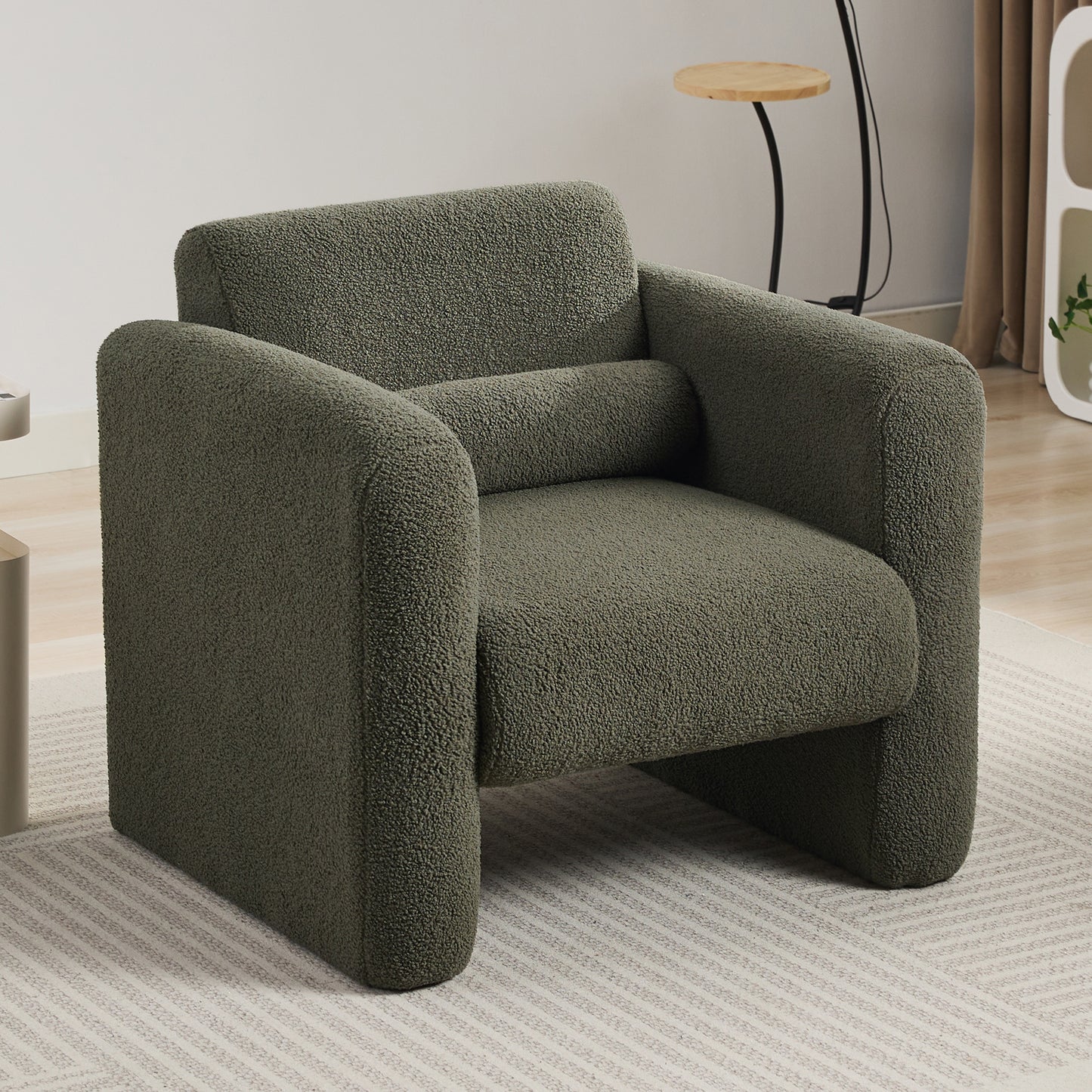 Modern style chair with sheepskin Sherpa fabric soft cushion, comfortable armchair, soft with backrest and pillow, seaweed green