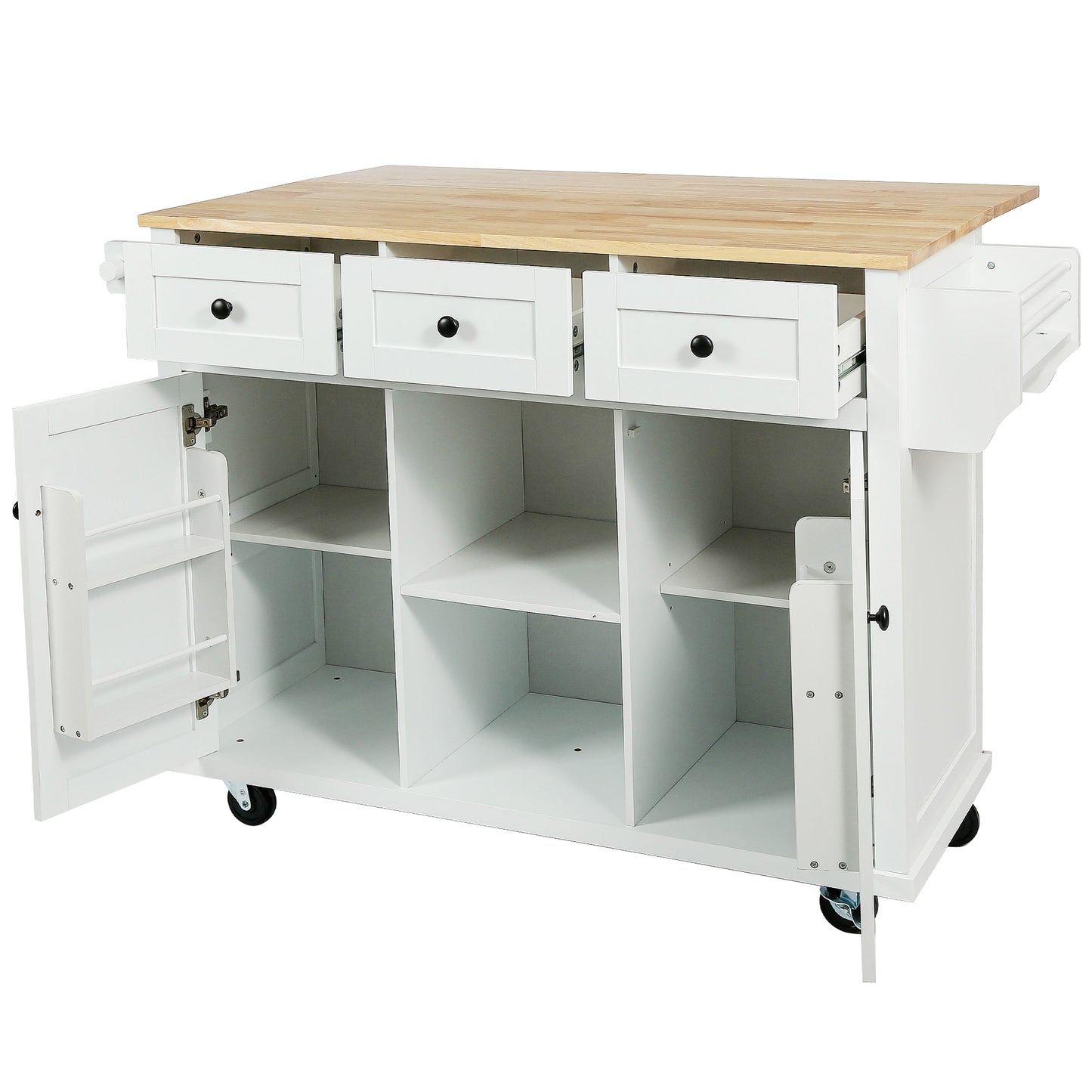 Kitchen trolley with rubber wood leaf countertop, 5-wheel kitchen island, storage cabinet and 3 dining drawers, white