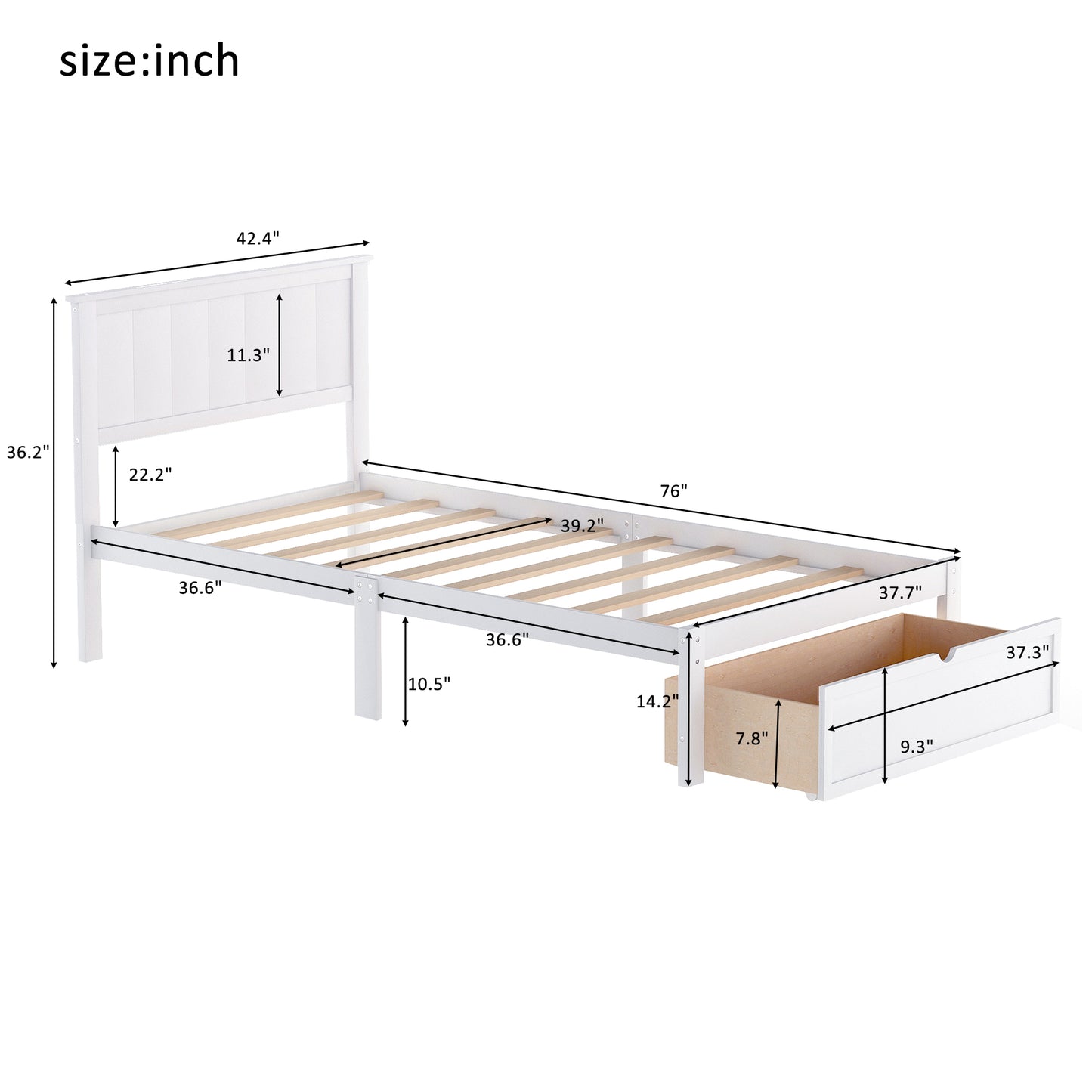 Twin Size Platform Bed with Under-bed Drawer White