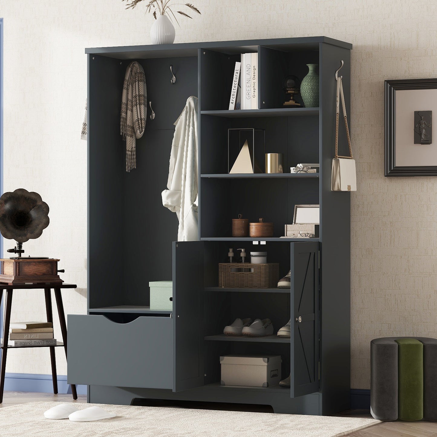 Multi-functional Hall Tree with Storage Shelves Drawers and Cabinet, Elegant Hallway Shoe Cabinet with Bench Antique Blue