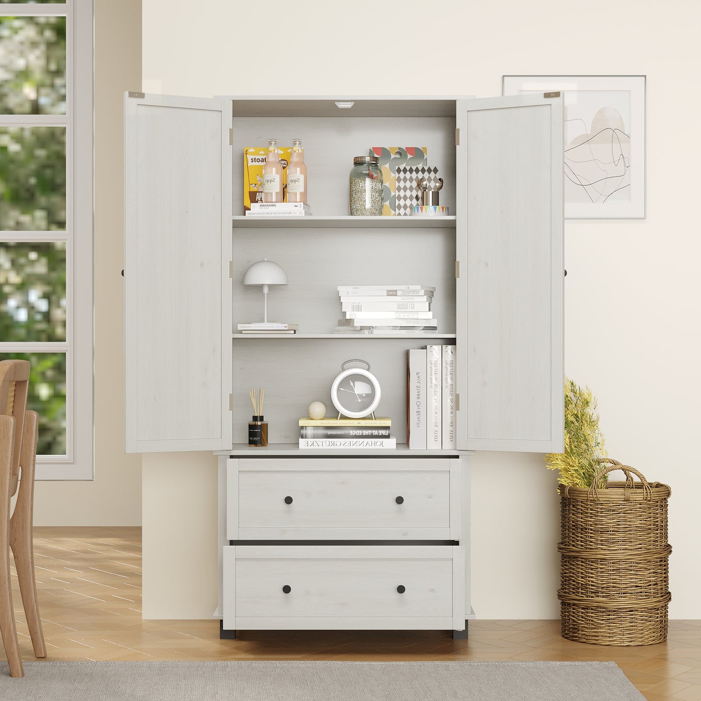 70 inch high kitchen pantry storage cabinet with 2 drawers and 3 shelves, large storage cabinet (antique white)