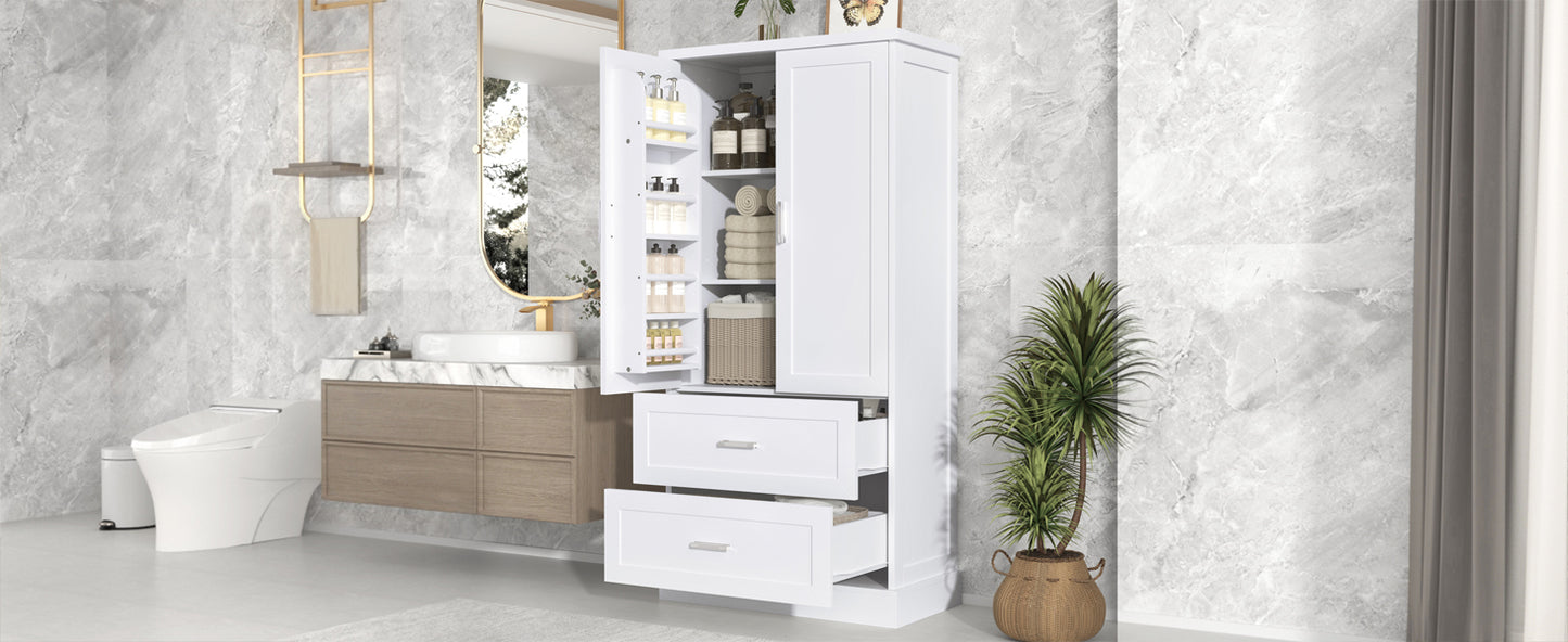 Tall Bathroom Storage Cabinet, Cabinet with Two Doors and Drawers, Adjustable Shelf, MDF Board, White