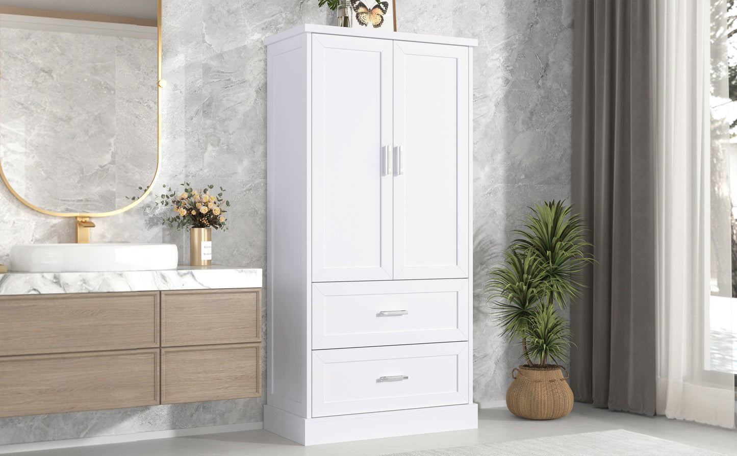 Tall Bathroom Storage Cabinet, Cabinet with Two Doors and Drawers, Adjustable Shelf, MDF Board, White