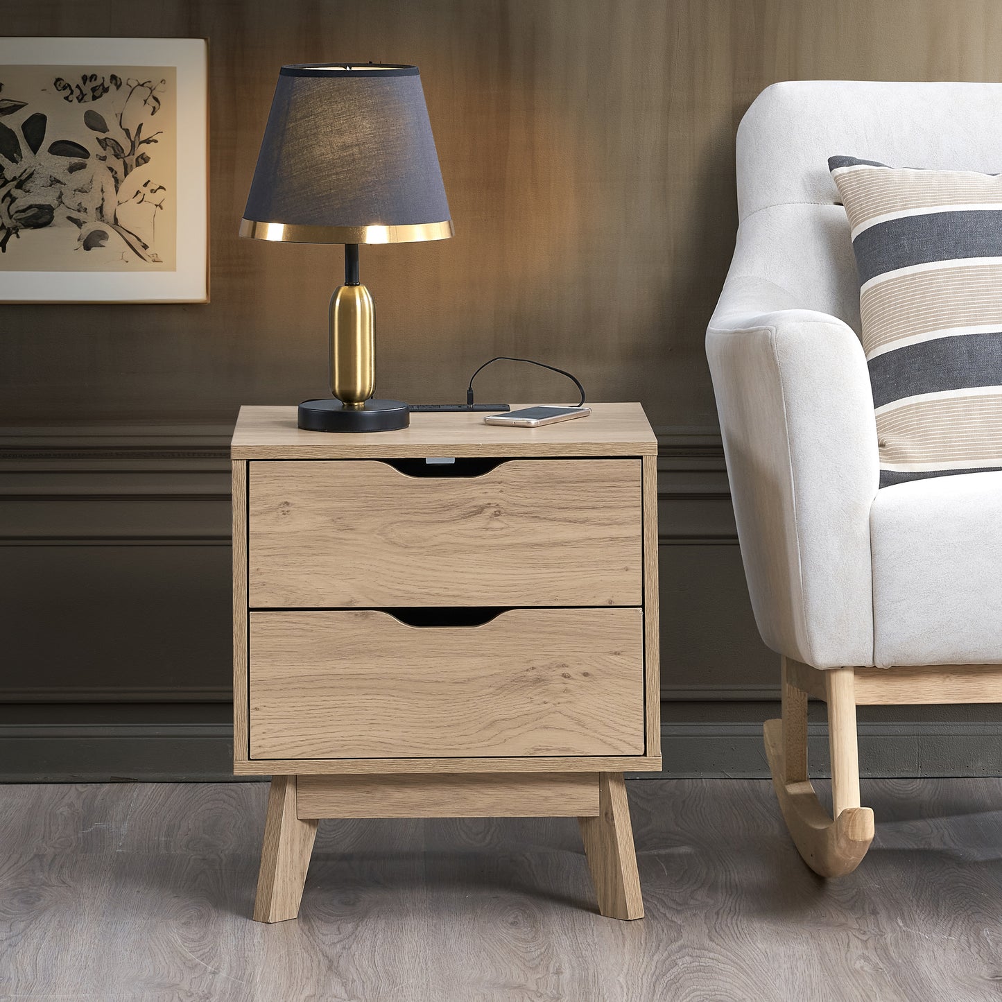 NORDICA bedside table with USB and Type-C charging station, drawer slide pre installed with natural oak wood