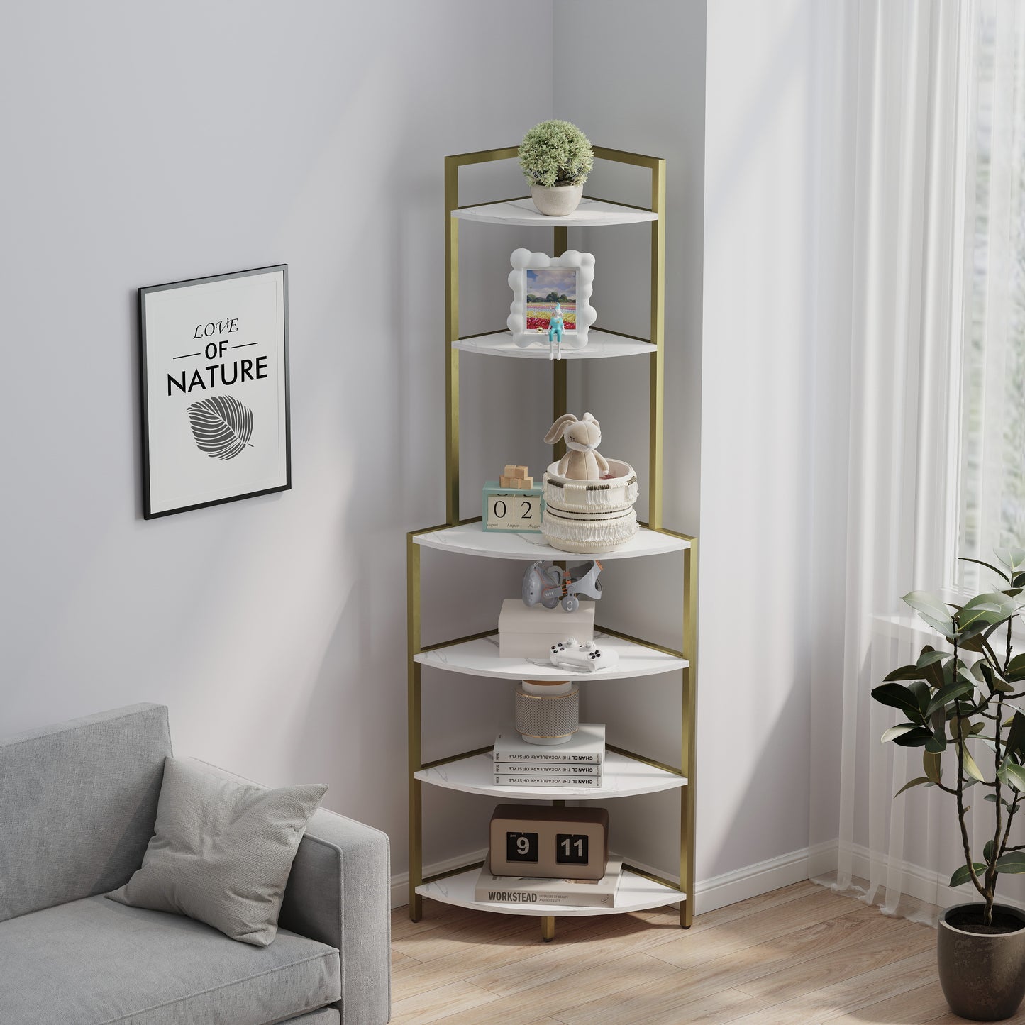 6-story corner open bookshelf, modern bookshelf, wooden frame, independent bookshelf unit,